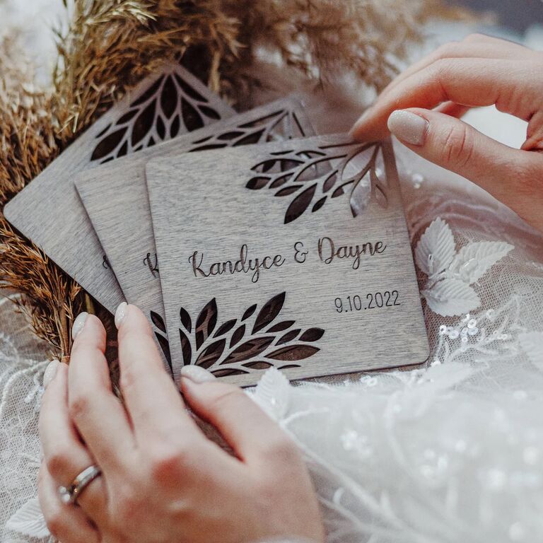 Wooden coasters with custom engraving rustic wedding favors