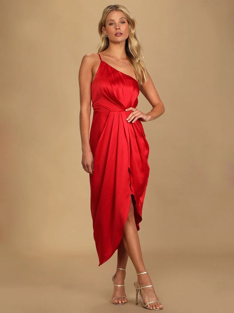 lulus red one shoulder dress with pleated chest and high low pleated skirt for what to wear to a halloween wedding