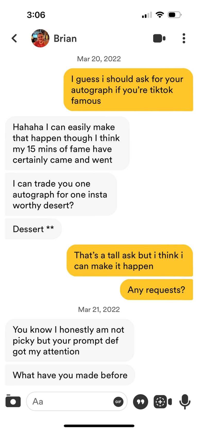 It all started with a conversation on Bumble about Brian's viral TikTok and Ava's baking skills (this conversation led to Brian not knowing what babka is).