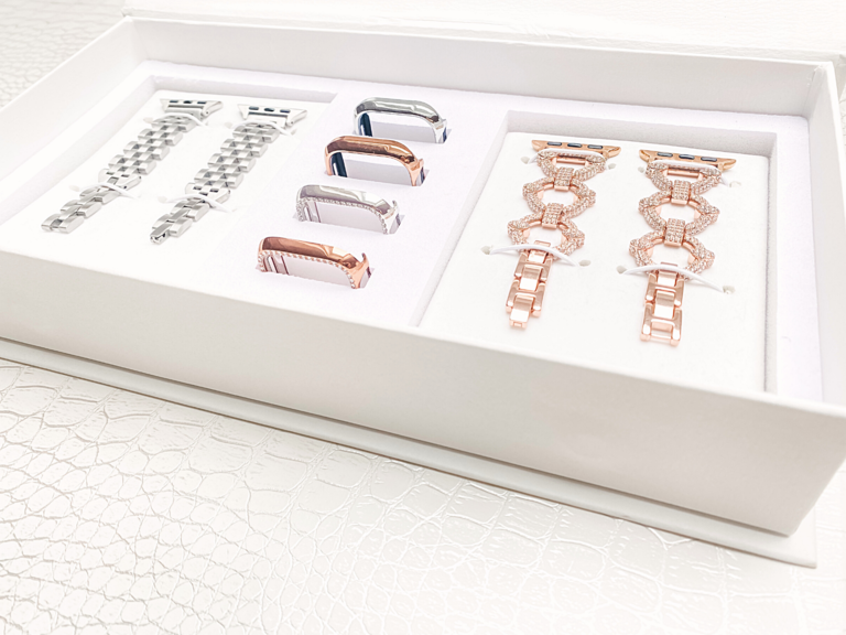 Rhinestone and rose gold or silver metallic Apple Watch accessory gift box for wife
