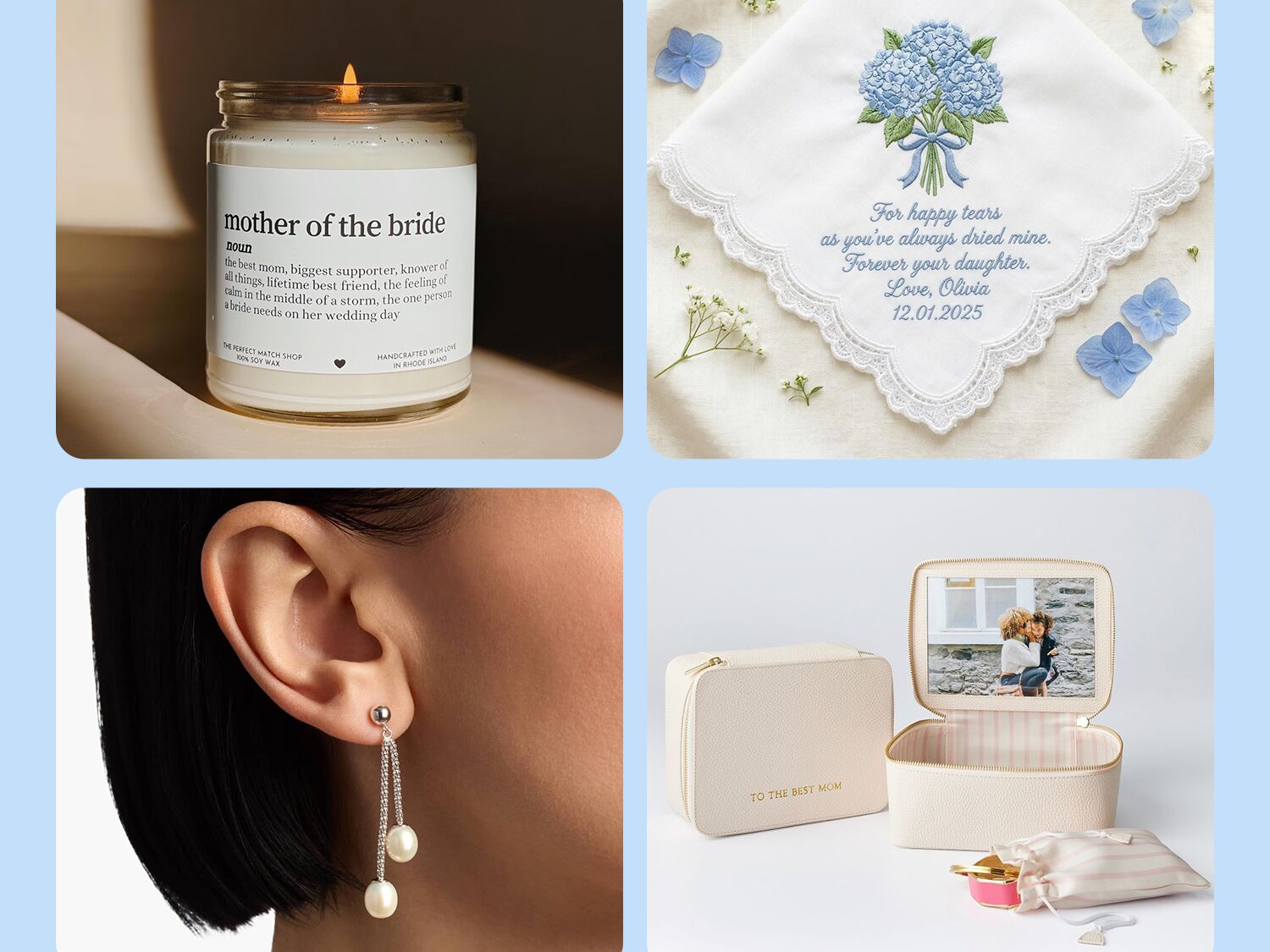 Mother of the bride gift ideas of a custom handkerchief, beautiful earrings, a candle or a travel case and photo