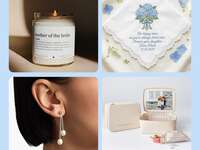 Mother of the bride gift ideas of a custom handkerchief, beautiful earrings, a candle or a travel case and photo
