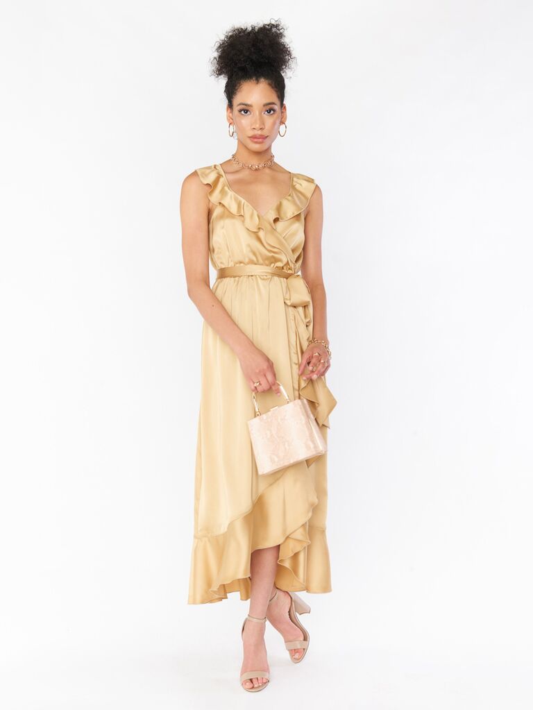 show me your mumu gold satin bridesmaid dress with ruffles