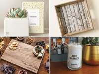 Four wedding gifts for boss: succulent, serving tray, scented candle, customized cutting board