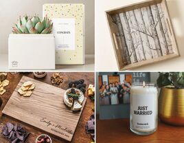 Four wedding gifts for boss: succulent, serving tray, scented candle, customized cutting board