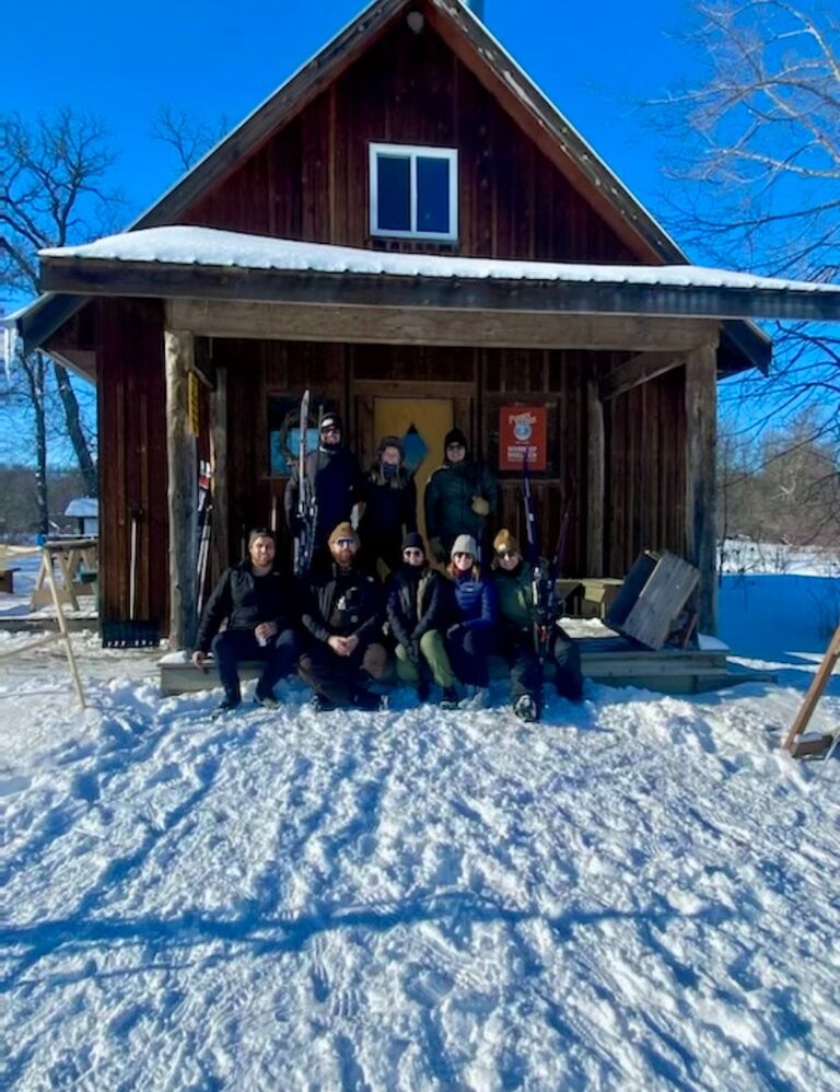Cross-country skiing with bridesmaids May, Miranda, and Kristin and their partners Taylor, Paul, and Will