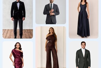Collage of black-tie-optional guest attire outfits