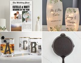 Collage of four personalized wedding gift ideas