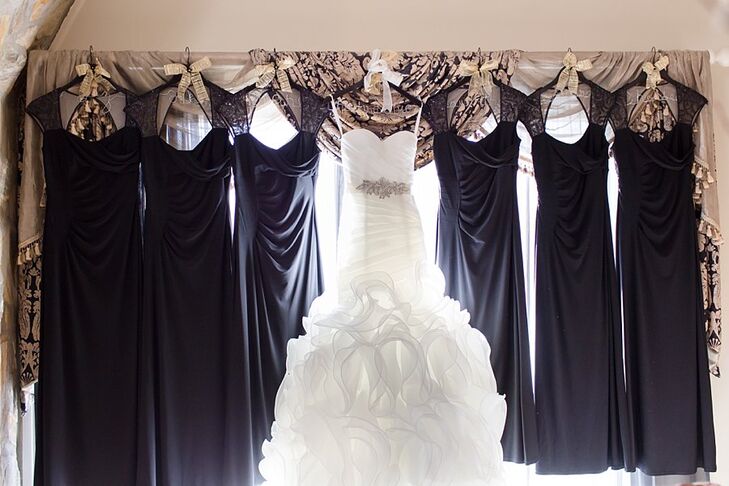black wedding dress and bridesmaids