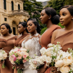 Group of bridesmaids posing with bride on wedding day