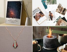 Four seven-year anniversary gifts: a custom star map, a custom photo calendar, a mini fire pit, and a copper pendant
