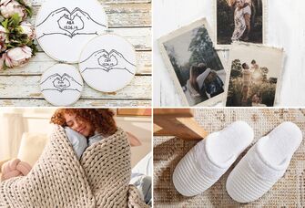 Four cotton anniversary gifts: embroidered art, cotton photo prints, slippers, blanket