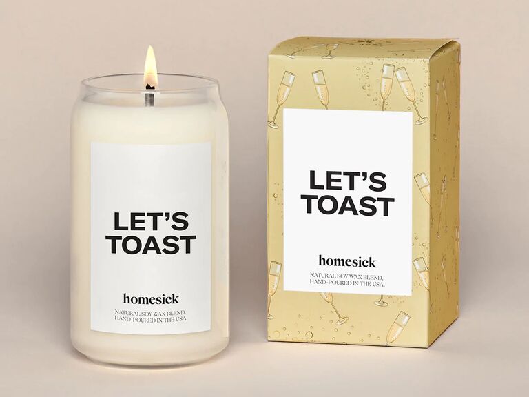 Homesick Let's Toast champagne-scented candle engagement gift for friend