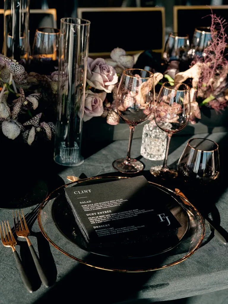 Modrn black table settings, taylor swift themed wedding 