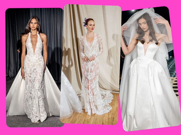 Plunge necklines on wedding dresses seen at Fall Bridal Fashion Week