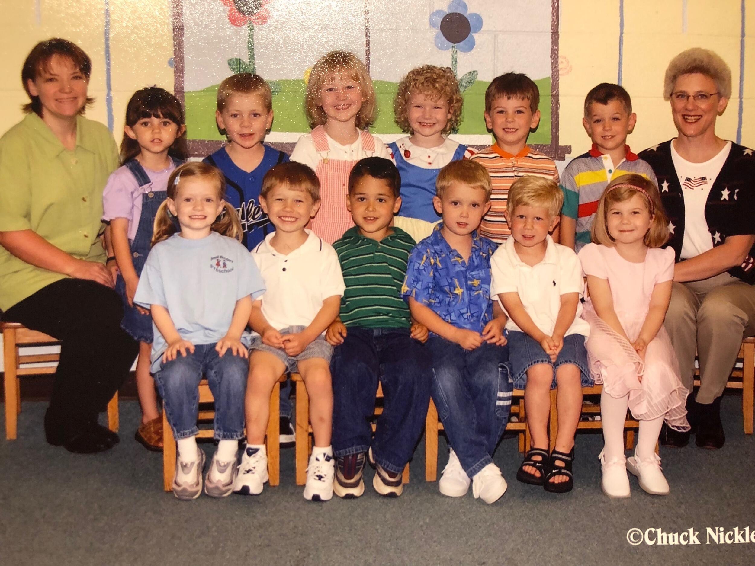 Preschool (Kalene has pink overalls on and Tommy is standing on the left of her in the blue shirt)