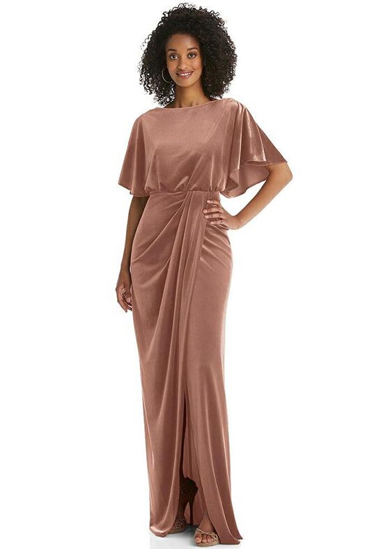 Flutter Sleeve Open Back Velvet Maxi Dress with Draped Wrap Skirt 1552