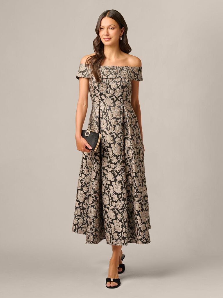 Adrianna Papell off-shoulder metallic floral midi wedding guest cocktail dress