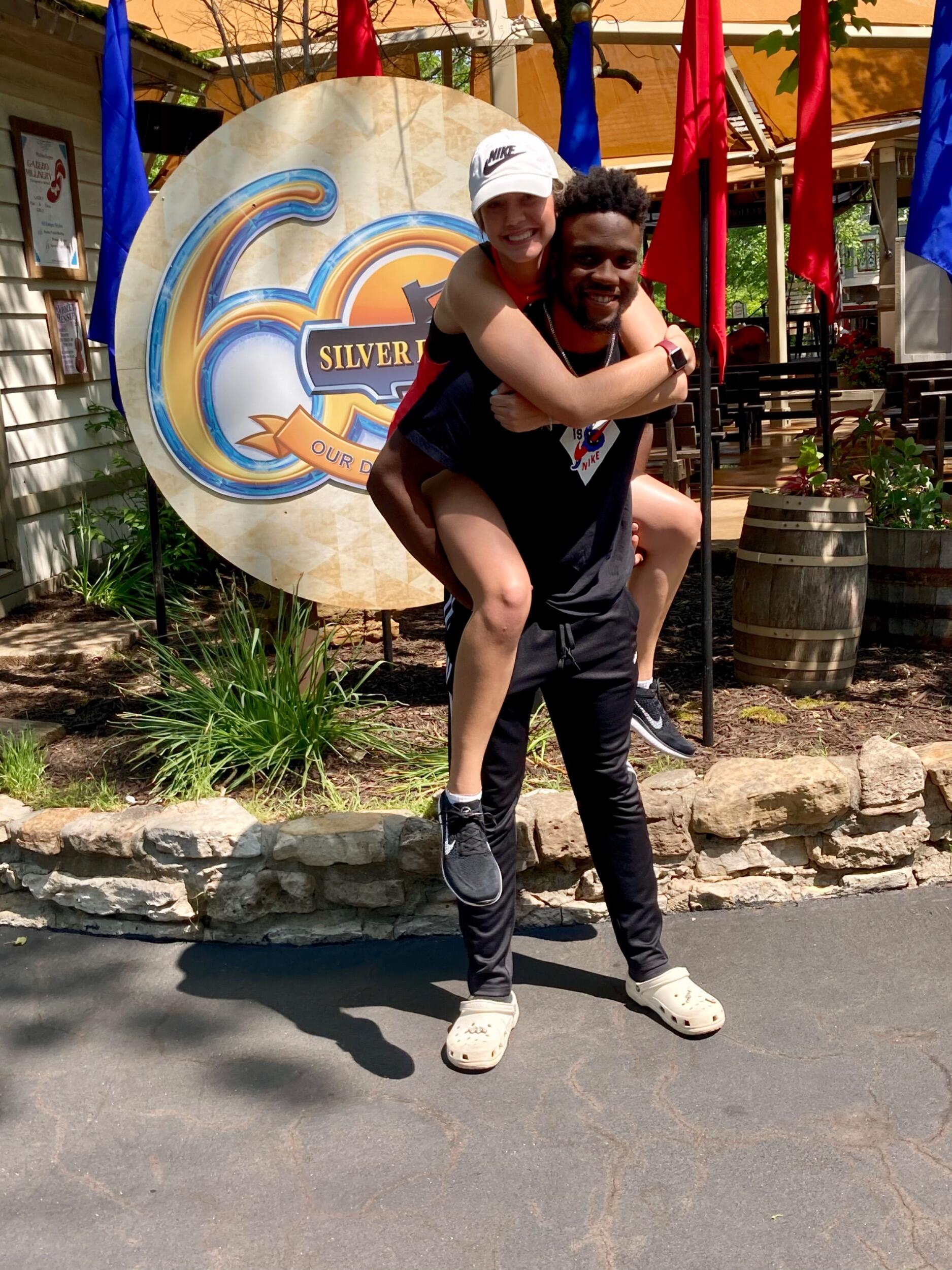 Jp and I met at Harding. Our first casual date was at the Rock House getting to know each other. This photo is our second casual date where we went to Silver Dollar City. We rode lots of roller coasters and it was a little bit awkward. We had lots of fun together! 