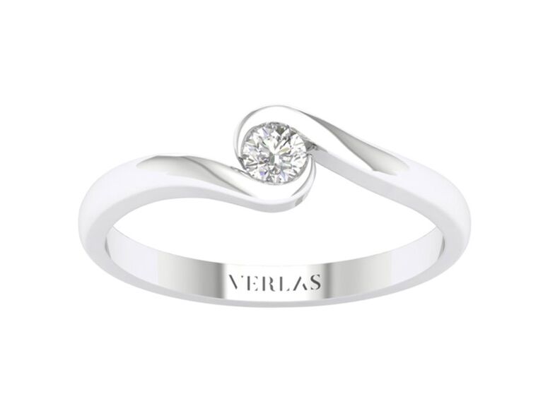 verlas round cut engagement ring with round diamond center stone and plain white gold wave band