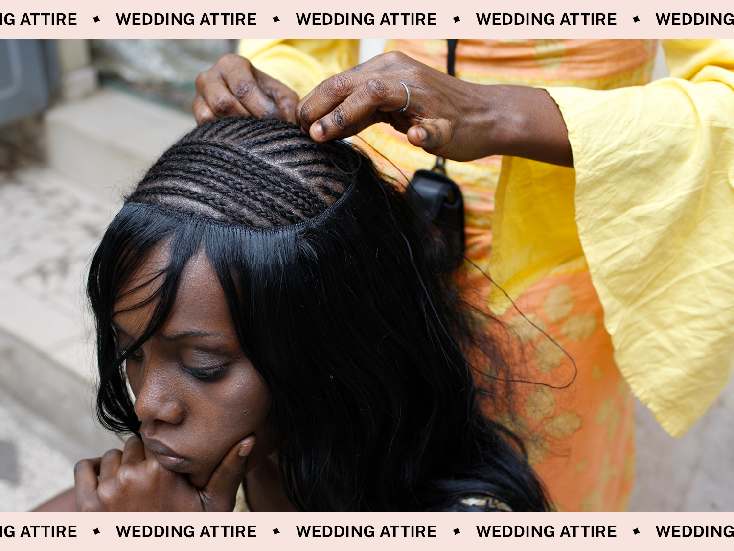 Bride getting a sew-in before wedding