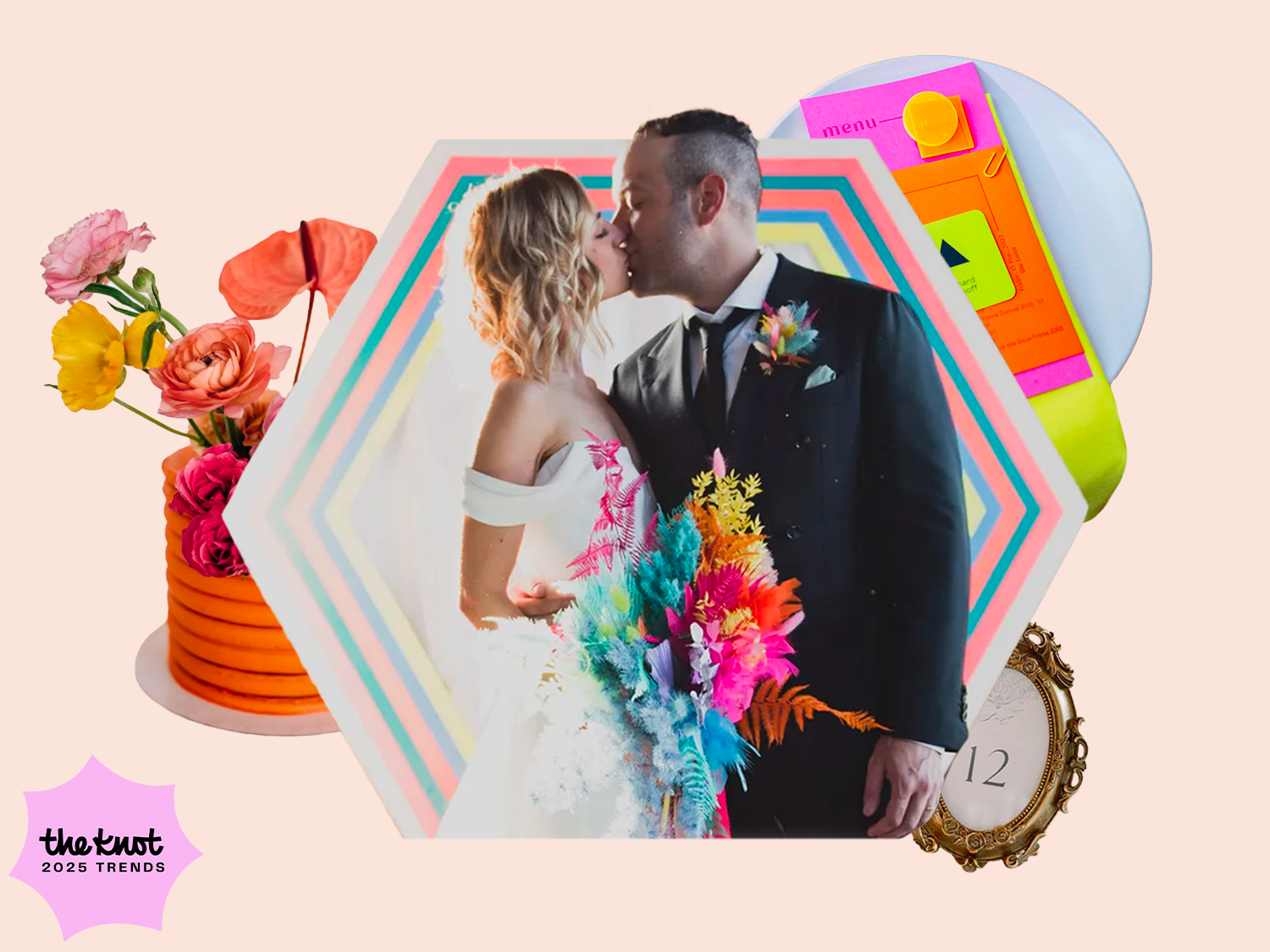 Collage of 2025 pinterest wedding trends with colorful photo of couple kissing