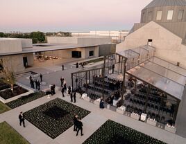 Aerial view of wedding reception space 