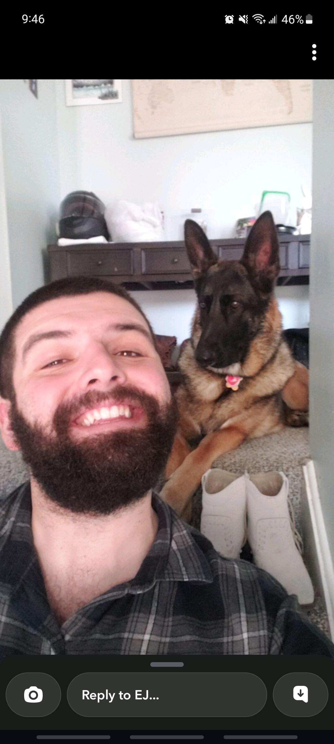 EJ makes best friends with Liberty, Kali's fur baby.