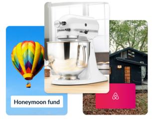 A colorful hot air balloon ride honeymoon fund, a white stand mixer and an Airbnb gift card.
