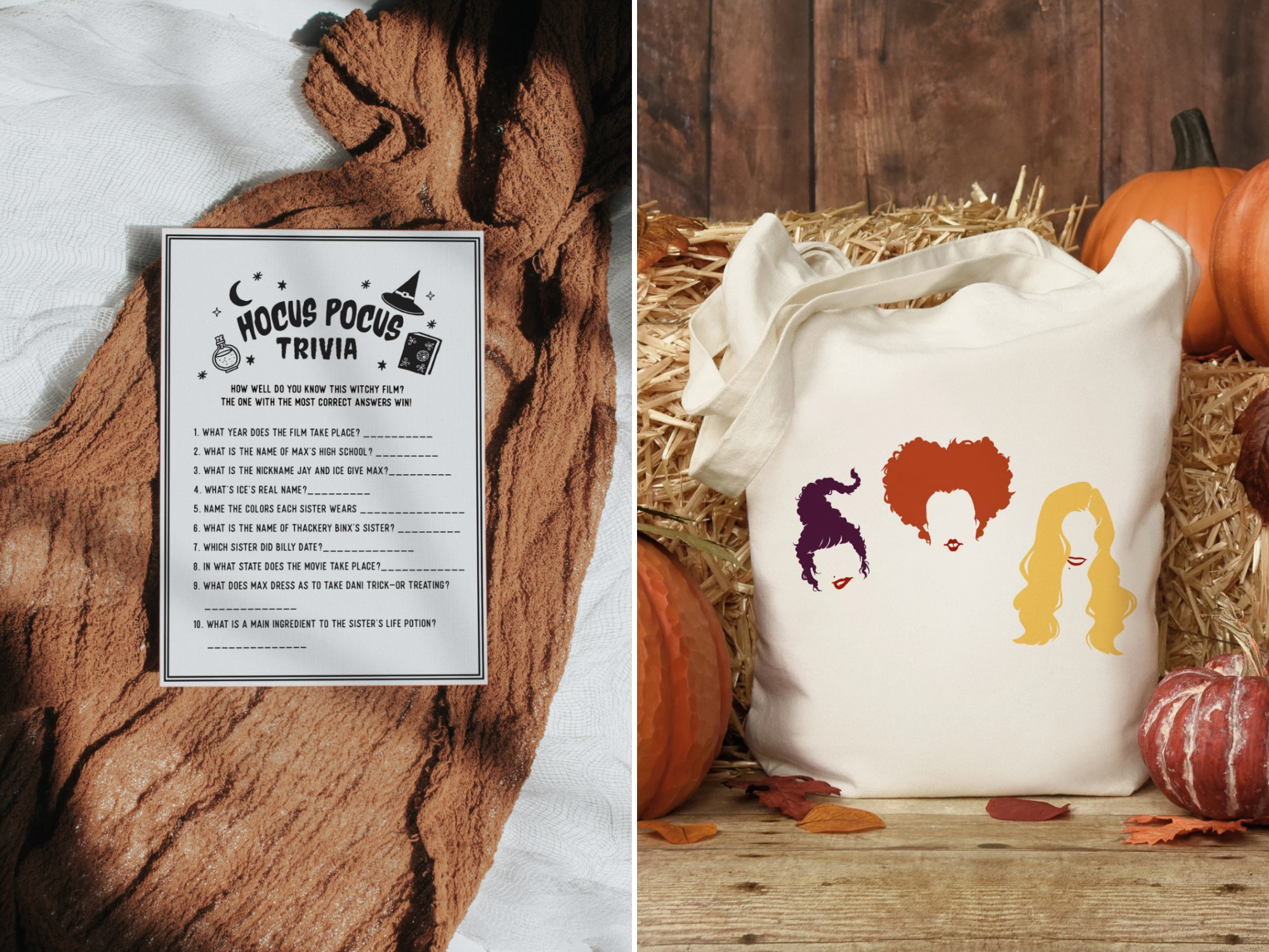 Hocus Pocus bachelorette party trivia game and tote bag