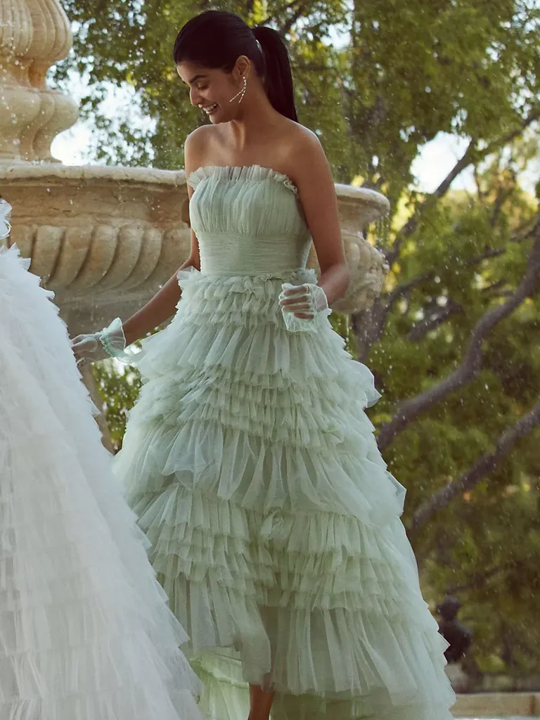 strapless light green full length dress with tiered ruffles