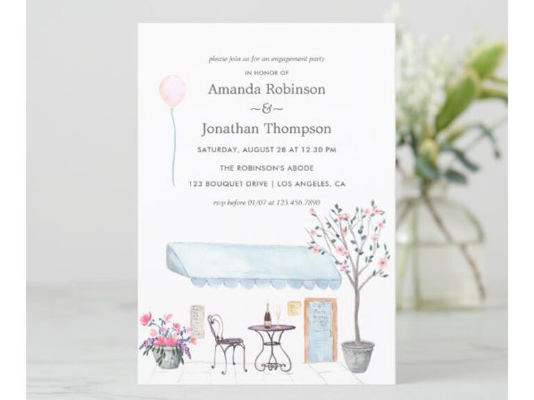 Watercolor Parisian cafe-themed destination wedding invitation