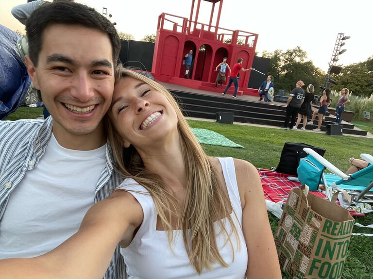 Ok this is one of the coolest dates in Dallas. Years and years ago I went to this Shakespeare in the Park event for my internship, and it's really the best time! You sit on a grassy hill, can bring your own food/drink, and enjoy a really fun Shakespeare play outdoors. I've kept this as a future date idea in my backpocket since 2014 and finally got to use it. I picked Ryann up for a mystery date, we got dinner from Central Market, and then I drove her to this play (King Lear)! We absolutely have plans to do it again in 2024 :) - Adam