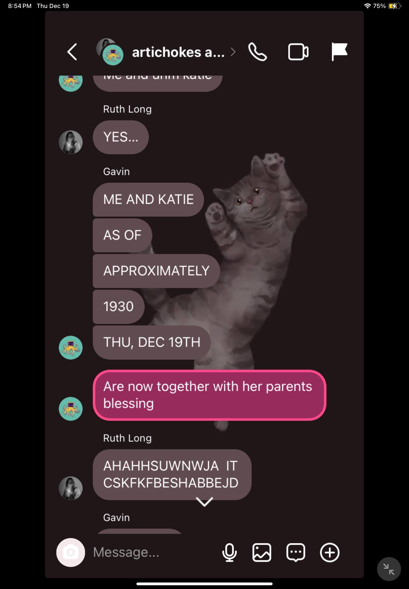 Gavin announcing the news in a group chat with Ruthie!