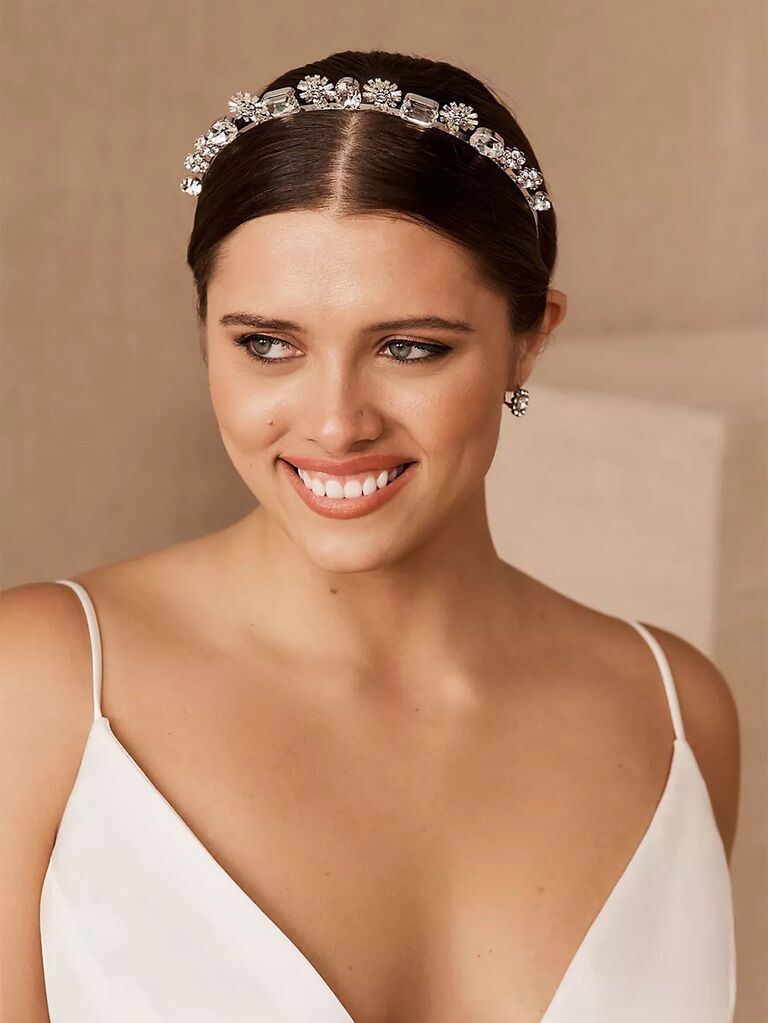 Crystal tiara with simple rectangle and floral design