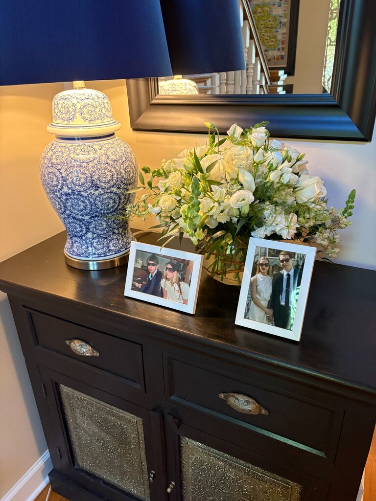 K & T's engagement party, where these photos taken 17.5 years apart are displayed together
