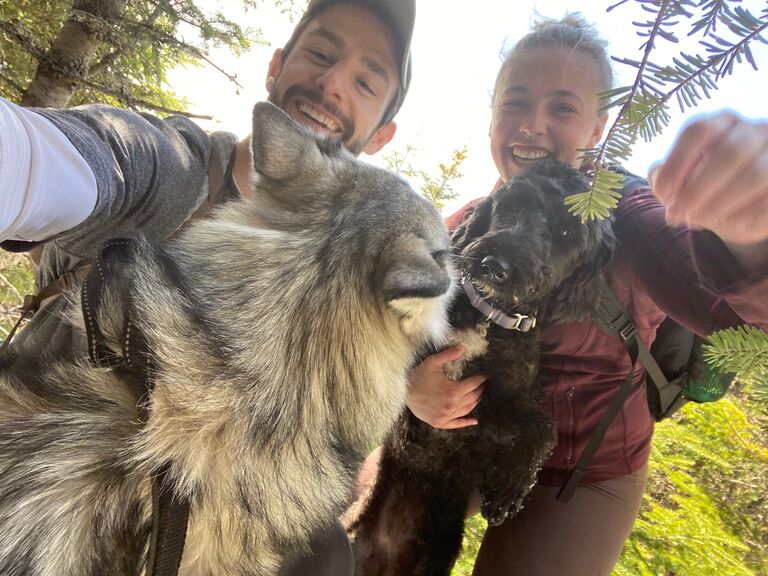 Sean, Jess, Keto and Cora climbed Mt. Tecumseh. They were waist deep in snow by the time they reached the summit. There was no lookout, just trees. They took their first picture together.