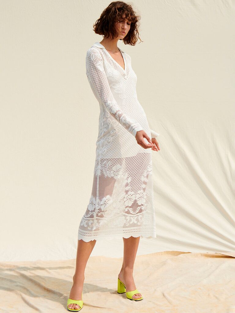 Saylor white lace midi dress for engagement photos