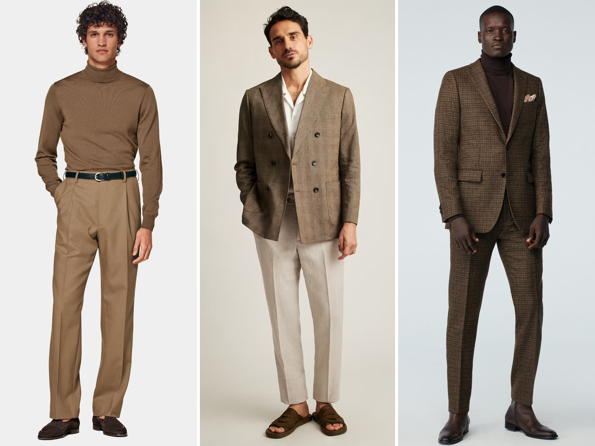 Collage of three fall-inspired suits for men