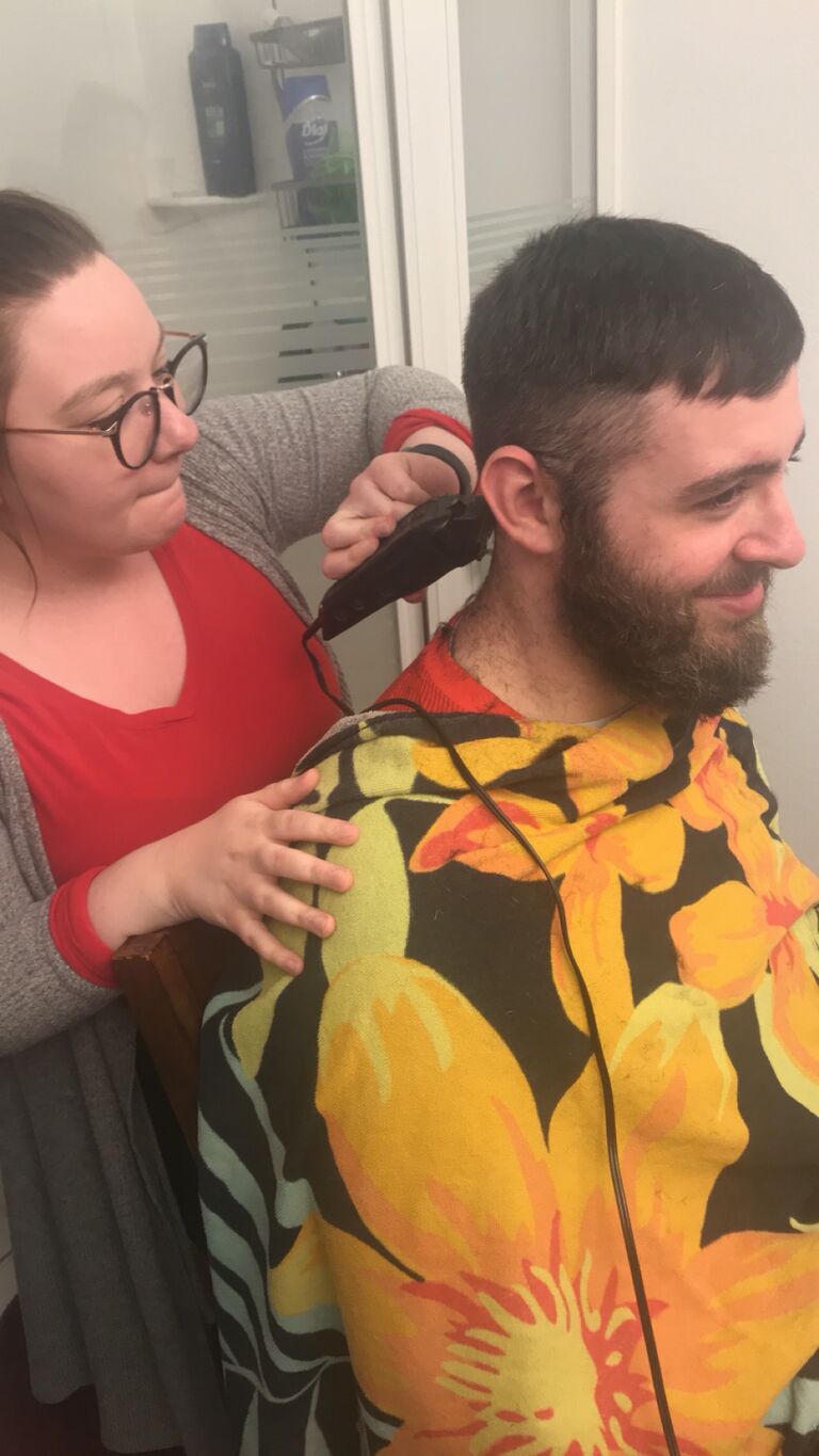 When Emily decided she was a hairdresser and "cut" Lucas's hair during COVID.