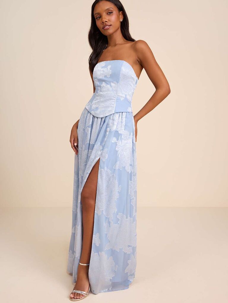 Lulus basque waist blue wedding guest dress