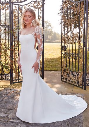 Square Neck Stretch Crepe Fit and Flare Gown with Long Sleeves