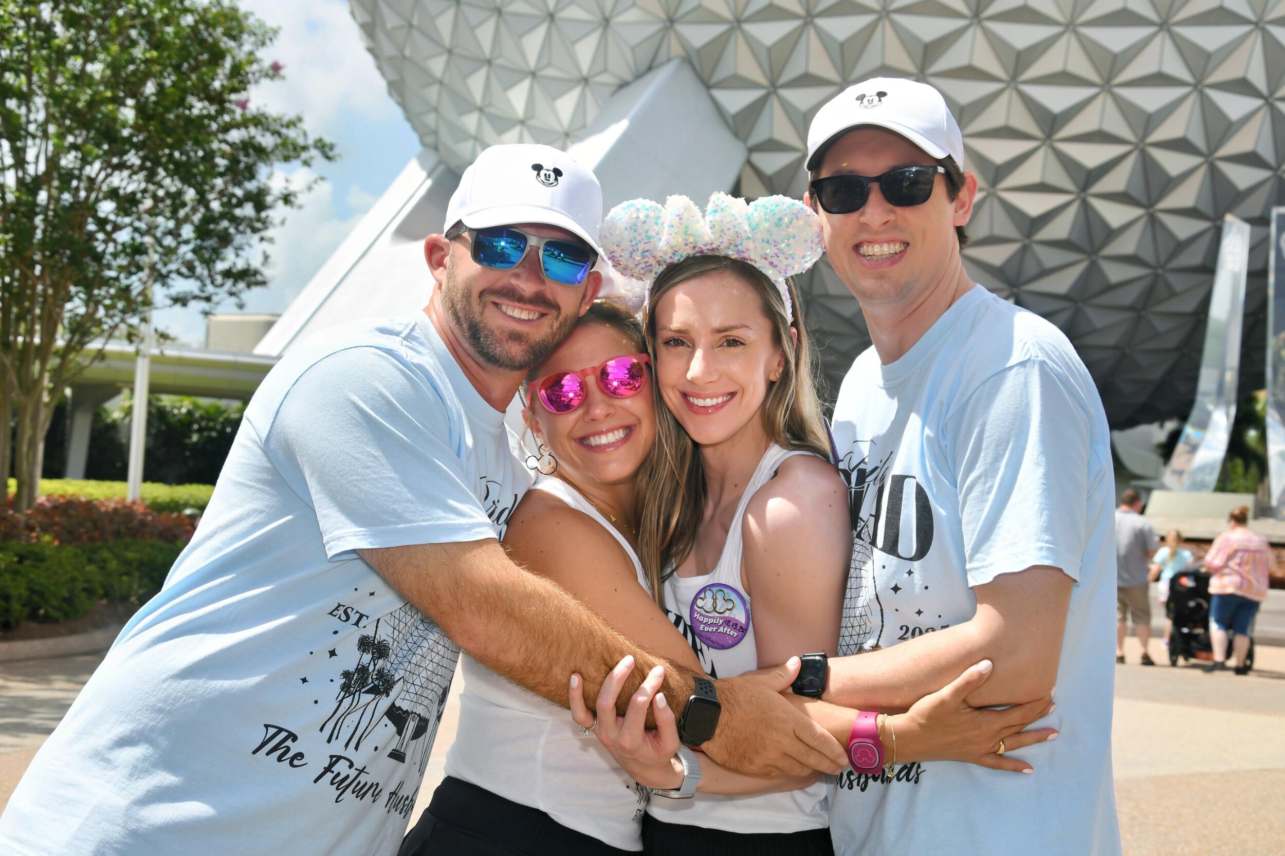 Thomas, Abby, Kirsten, and Tyler take photos in their matching outfits on Day 2 of their joint engagement Disney World trip!