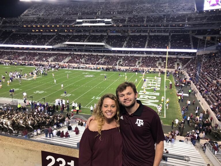 Caitlin being a good sport and repping maroon at a Texas A&M football game sophomore year. (This game went to 7 overtimes!!!)