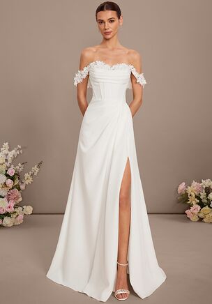 Fall in love with the JJ's House Adhara A-line Sweetheart Strapless Convertible Chiffon Wedding Dress! A timeless and elegant design crafted to make your dream wedding a reality. Shine with confidence as you walk down the aisle.