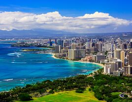 Skyline of hotels and buildings on Waikiki Beach in Hawaii