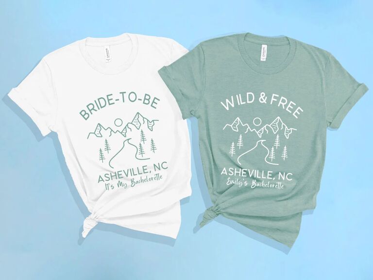 White and green mountain-themed bachelorette party shirts