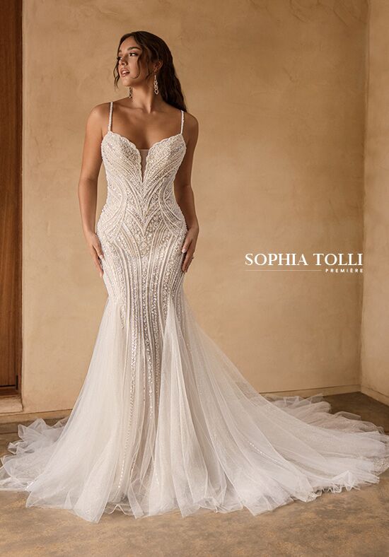 Beaded spaghetti strap wedding dress best sale