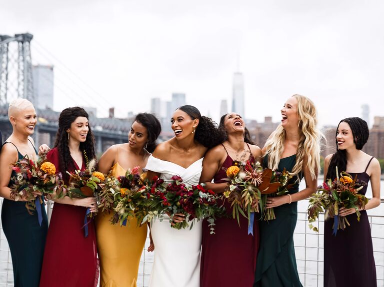 A real wedding photo of sapphire, ruby and citrine Bridesmaid Dresses