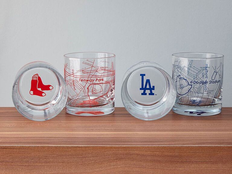  Glass whiskey tumblers engraved with baseball stadium maps and team logos gift for child's partner